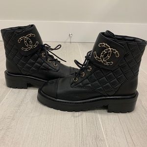 Chanel quilted gold chain combat boots
